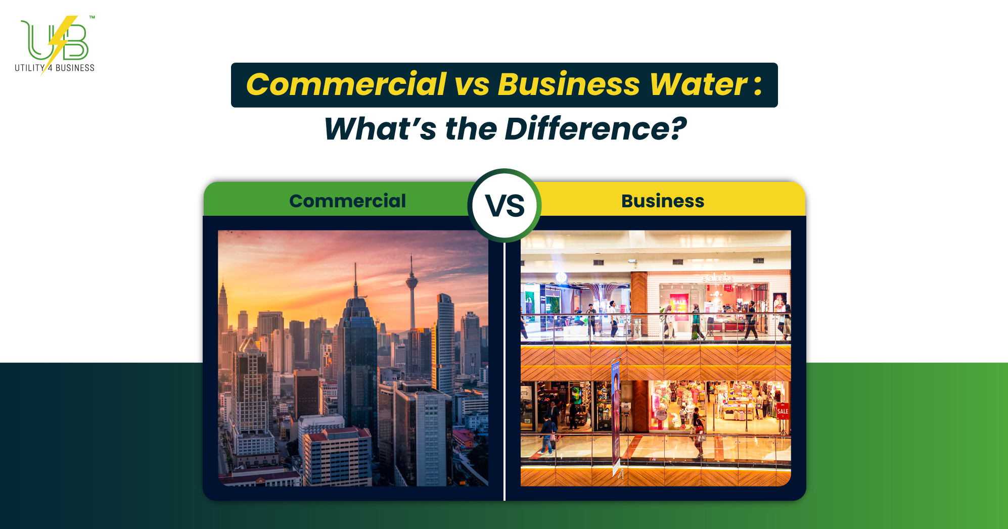 Commercial vs business water comparison showing city offices and retail shops, highlighting key differences for UK businesses.